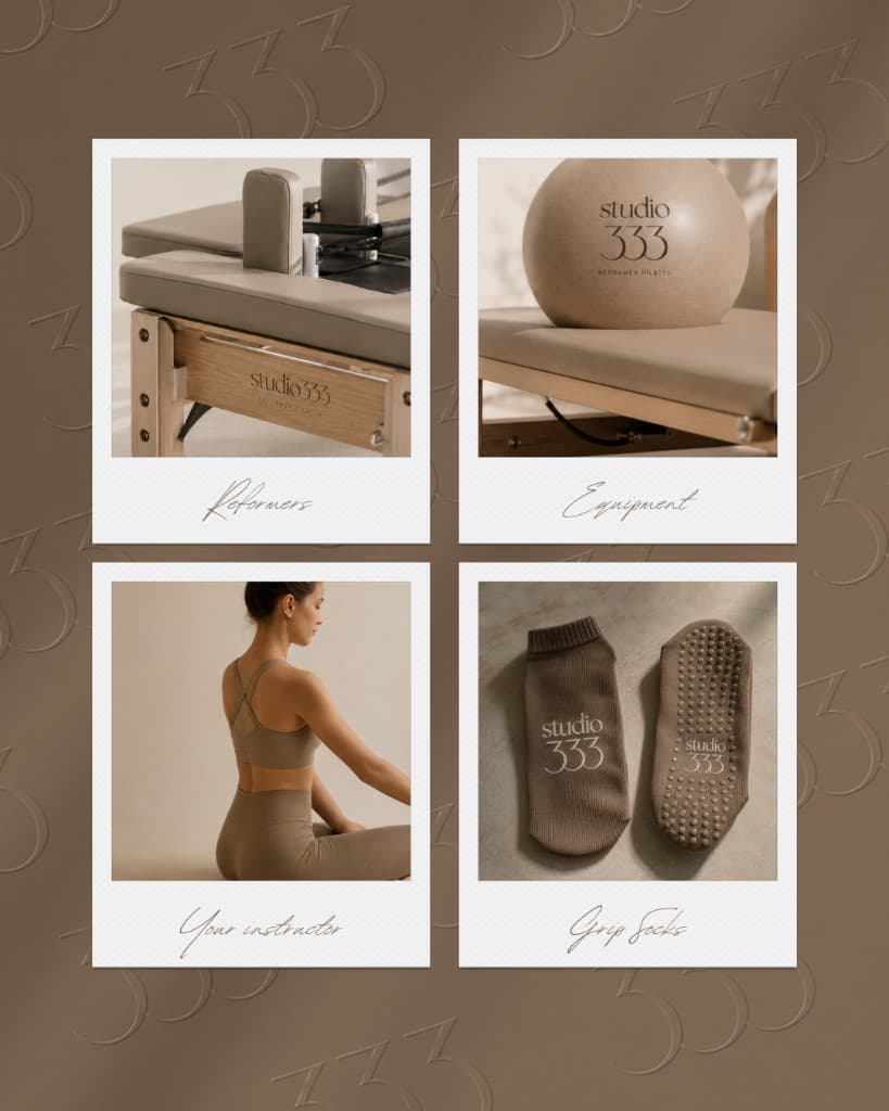 Studio 333 reformers, equipment, instructor, and grip socks