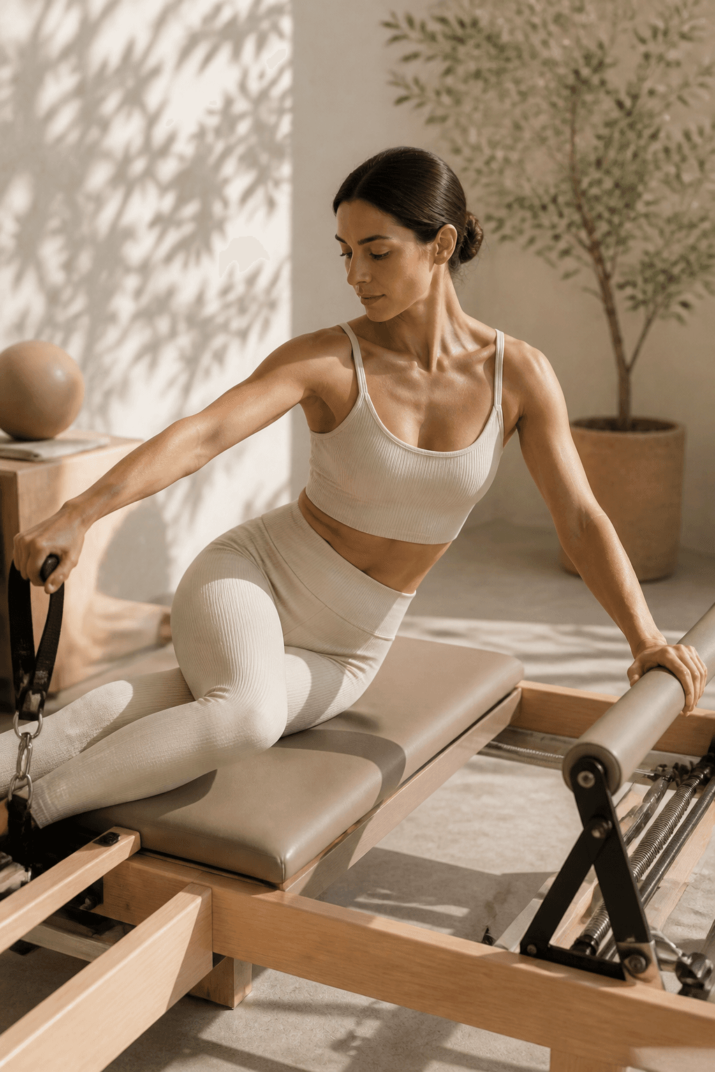Reformer pilates practice in soft natural light