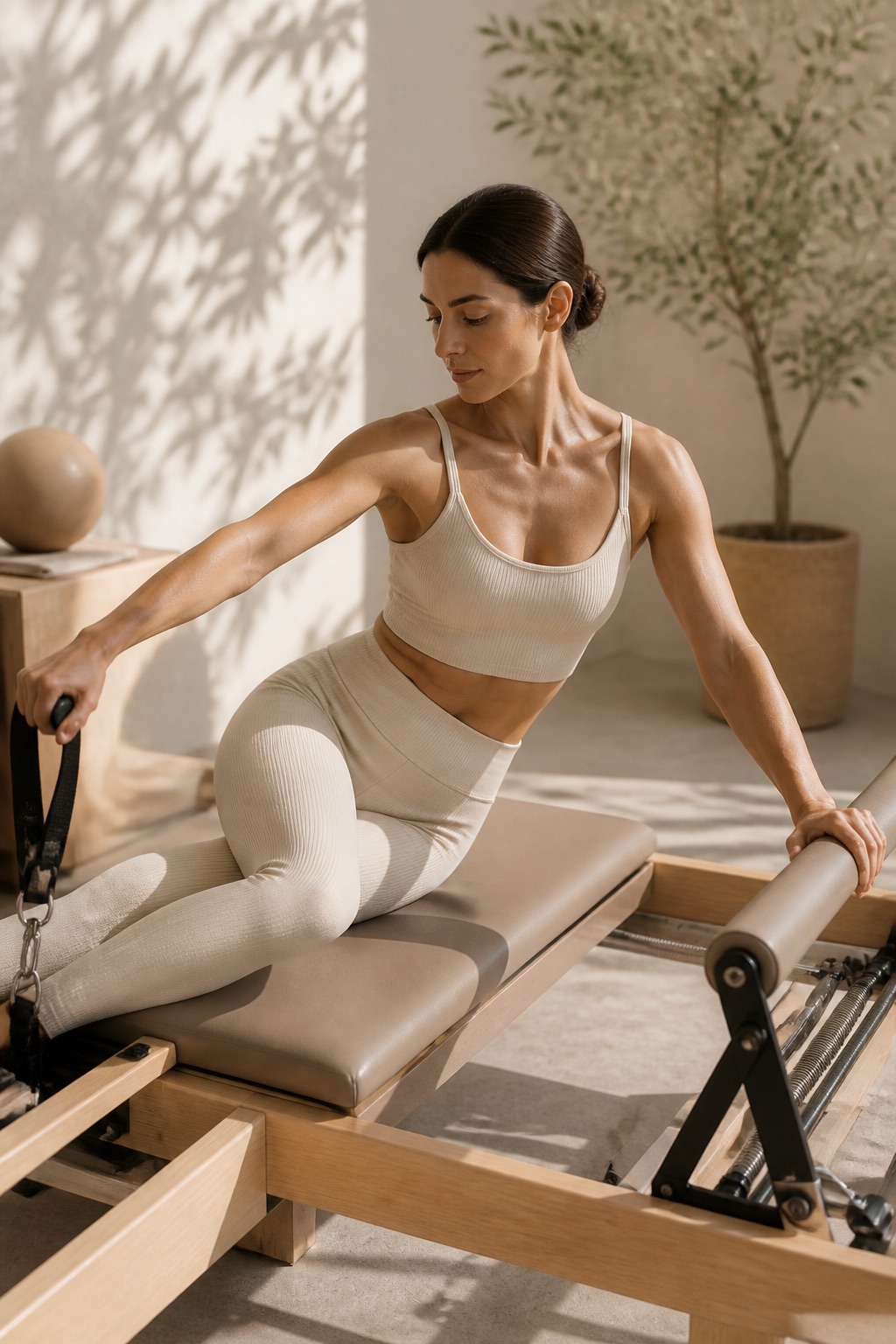 Reformer pilates practice in soft natural light